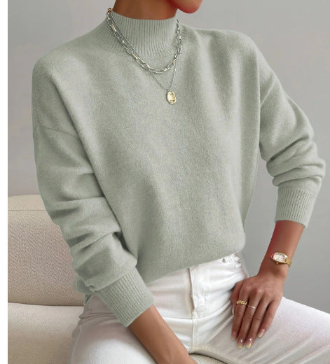 Solid color loose knit half high neck pullover sweater