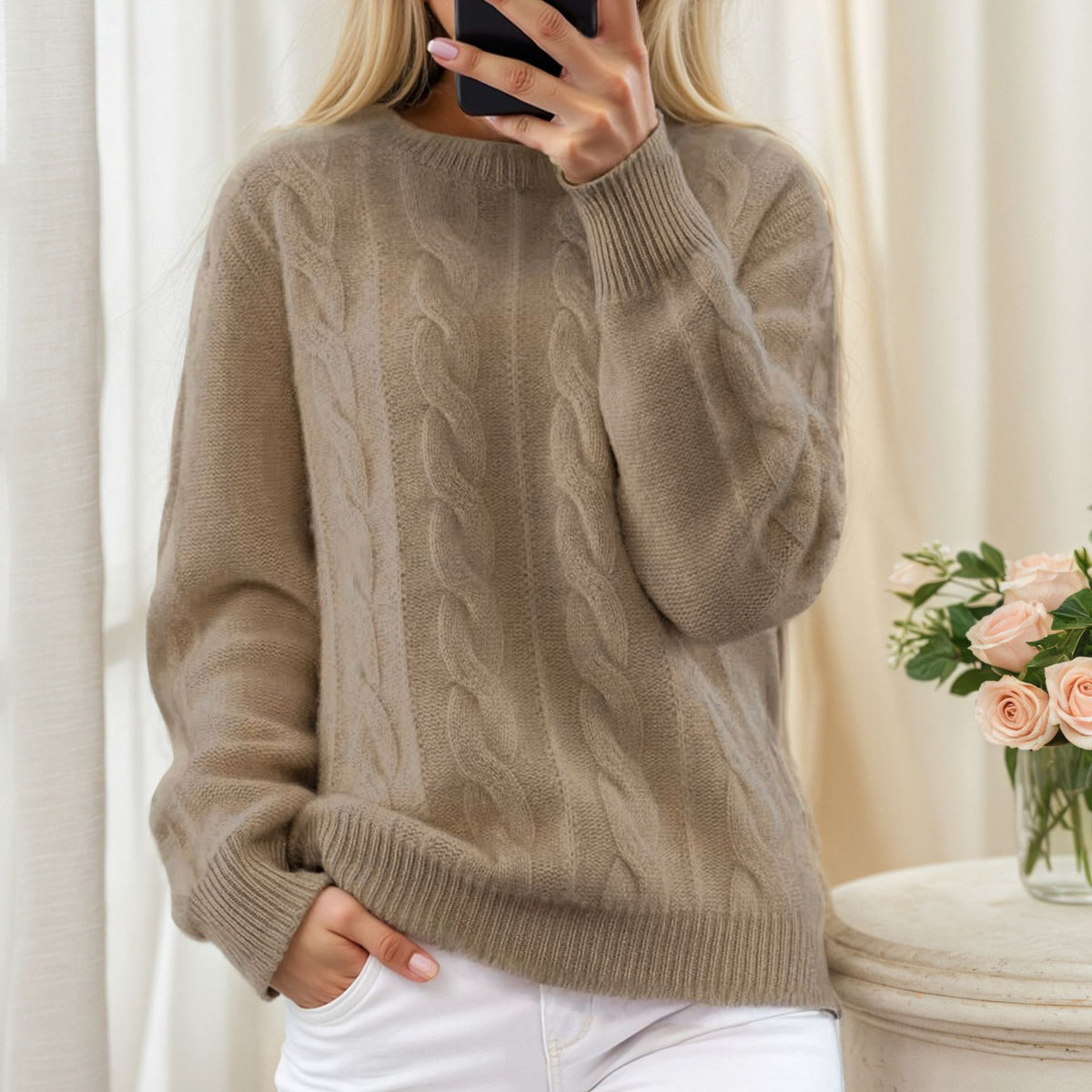 Round neck solid color pullover sweater for women