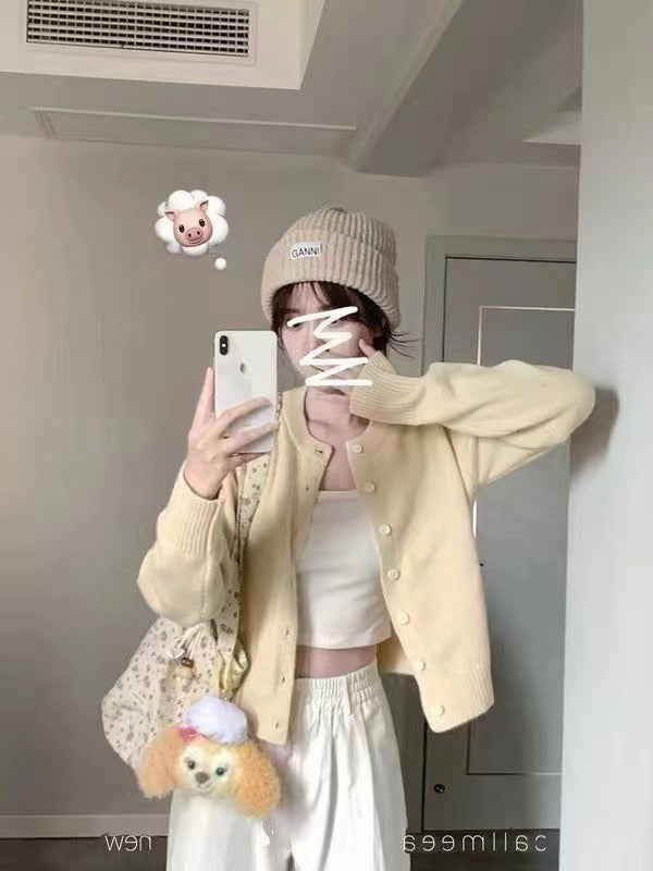 Light Blue Lazy Style Knit Cardigan Coat for Women Autumn New Soft Short Sleeve Top