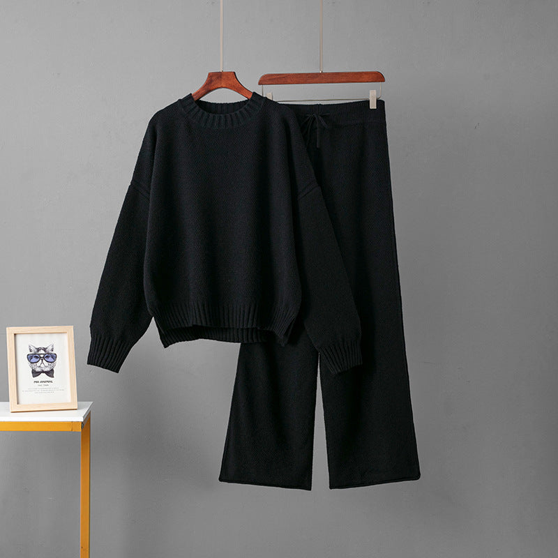 Two piece pullover sweater wide leg pants set