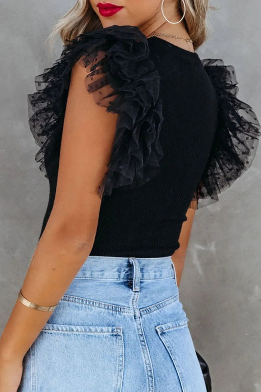 Ruffled Round Neck Cap Sleeve Polyester Blouse