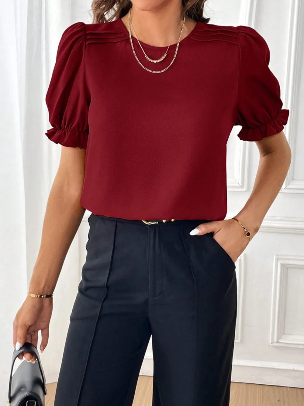 Round Neck Flounce Sleeve Crop Blouse