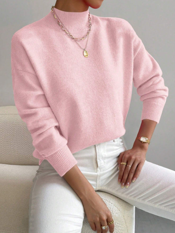Solid color loose knit half high neck pullover sweater