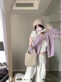 Light Blue Lazy Style Knit Cardigan Coat for Women Autumn New Soft Short Sleeve Top