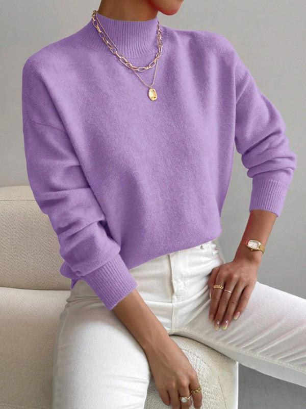 Solid color loose knit half high neck pullover sweater