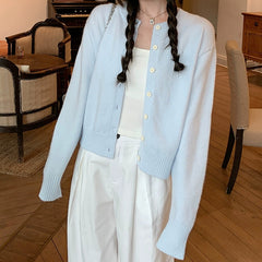 Light Blue Lazy Style Knit Cardigan Coat for Women Autumn New Soft Short Sleeve Top