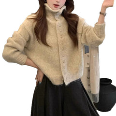 High Neck Knit Cardigan Soft Loose Lazy Sweater Coat Top with Bag