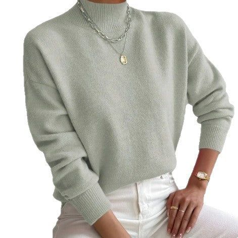 Solid color loose knit half high neck pullover sweater