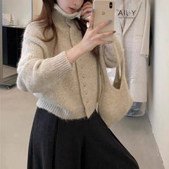 High Neck Knit Cardigan Soft Loose Lazy Sweater Coat Top with Bag