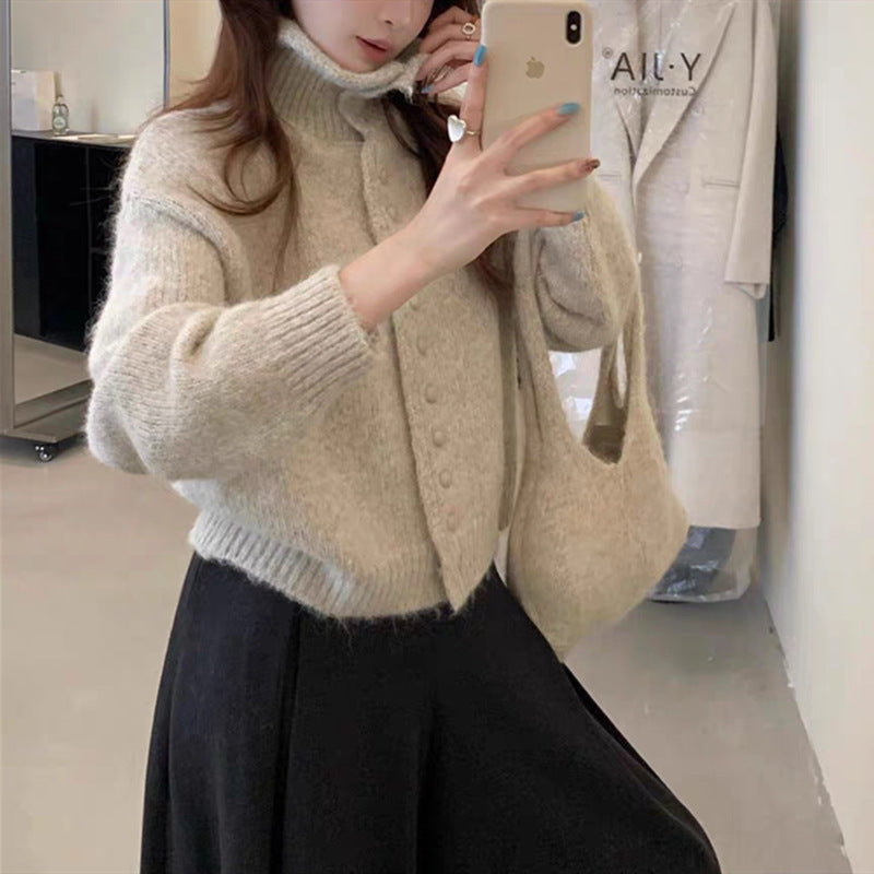 High Neck Knit Cardigan Soft Loose Lazy Sweater Coat Top with Bag