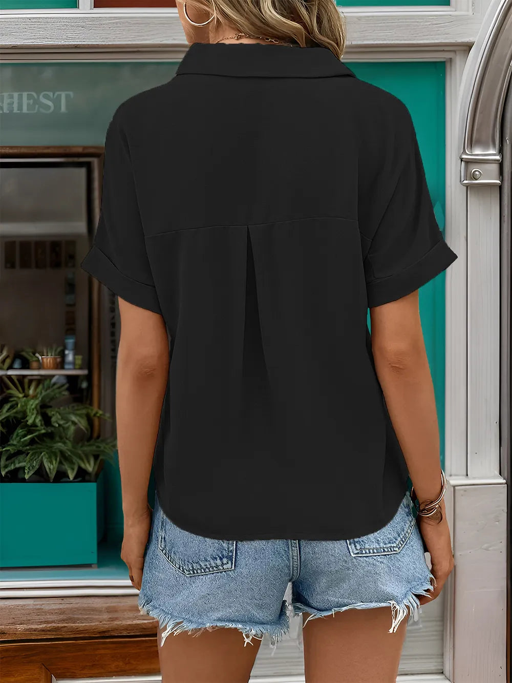 Johnny Collar Half Sleeve V-Neck Blouse