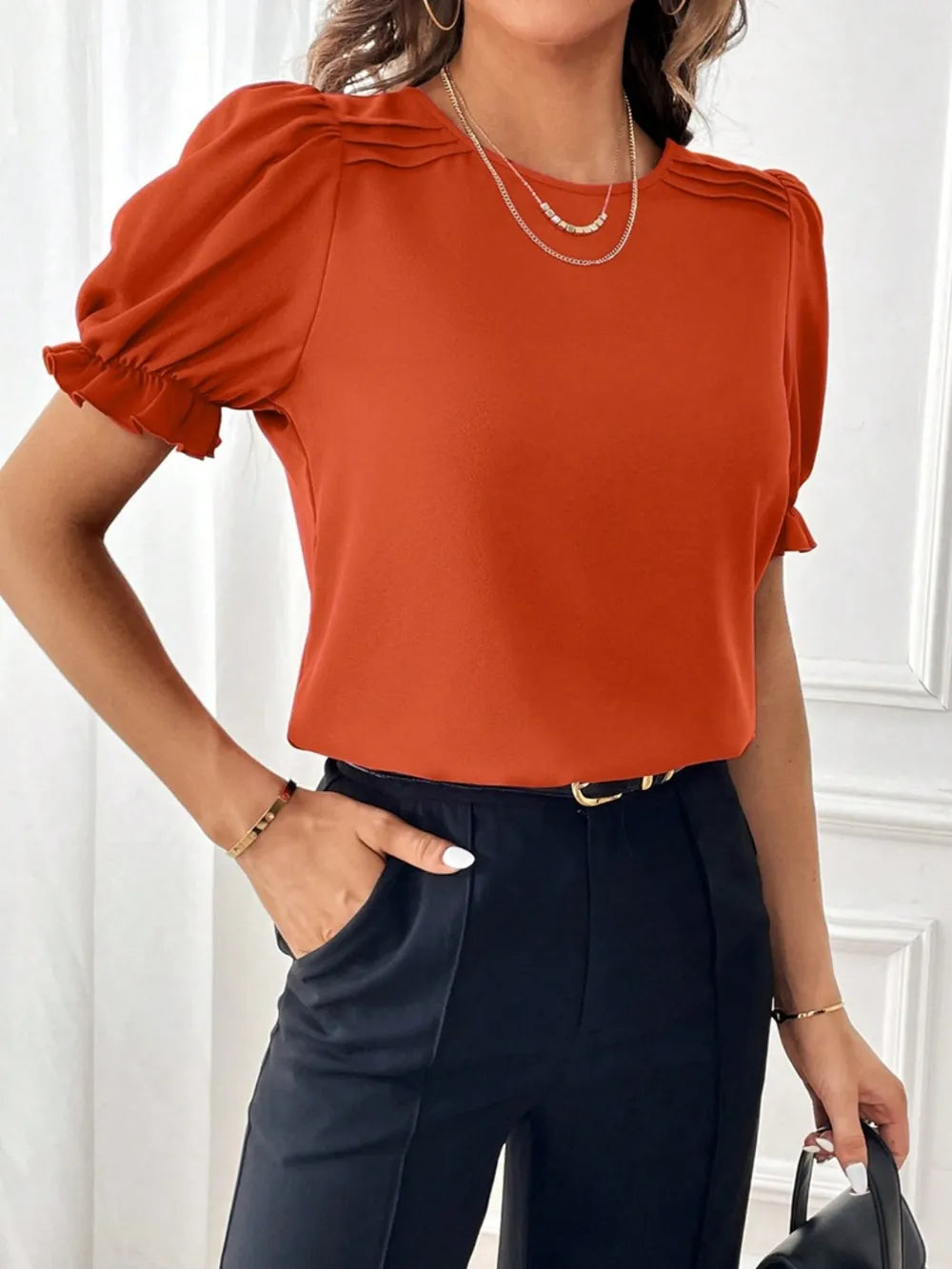 Round Neck Flounce Sleeve Crop Blouse