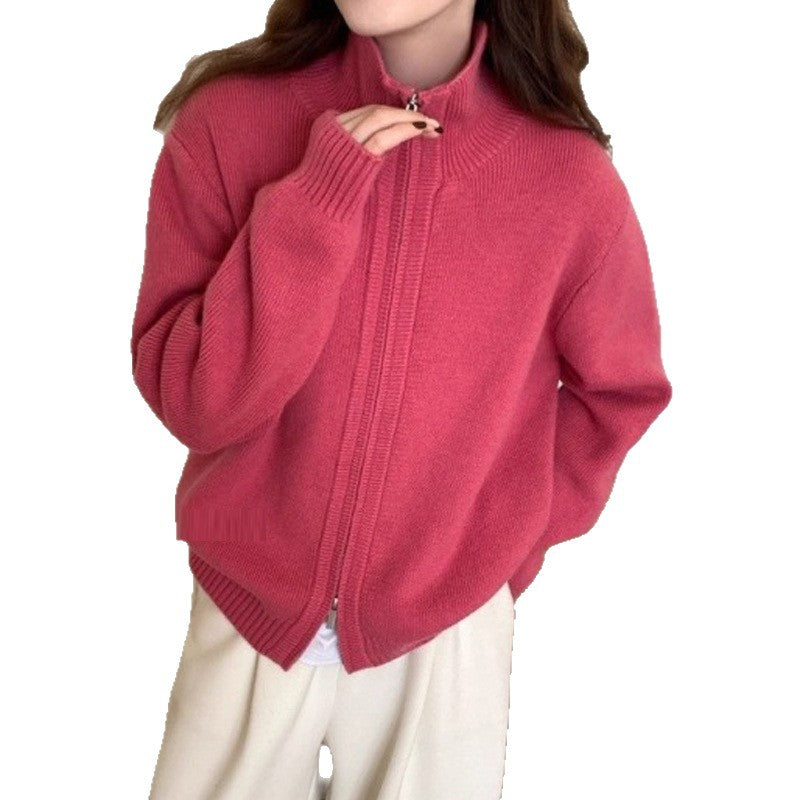 High Neck Zip-Up Knit Cardigan