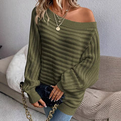 Solid color one neck bat sleeve pullover sweater for women