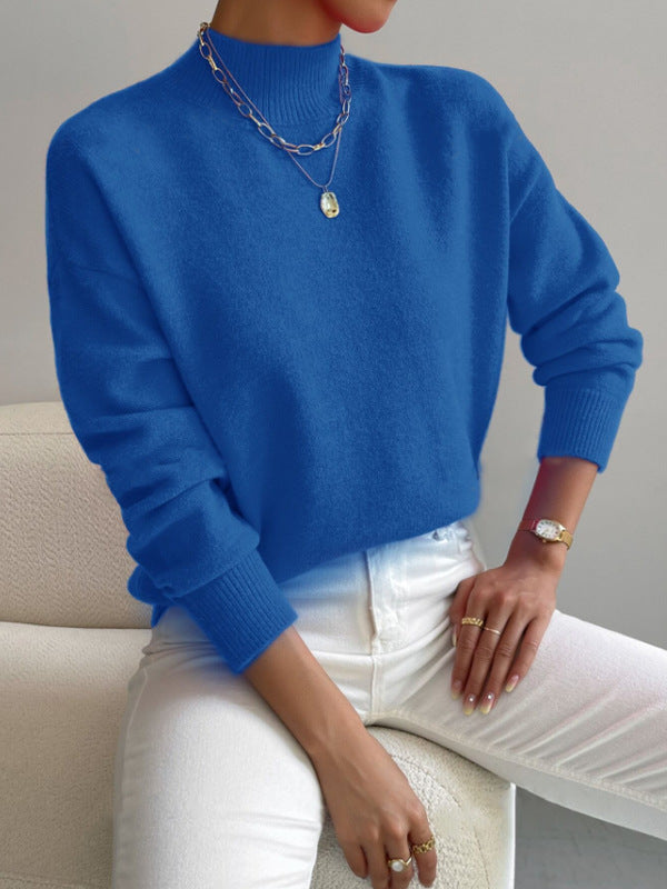 Solid color loose knit half high neck pullover sweater