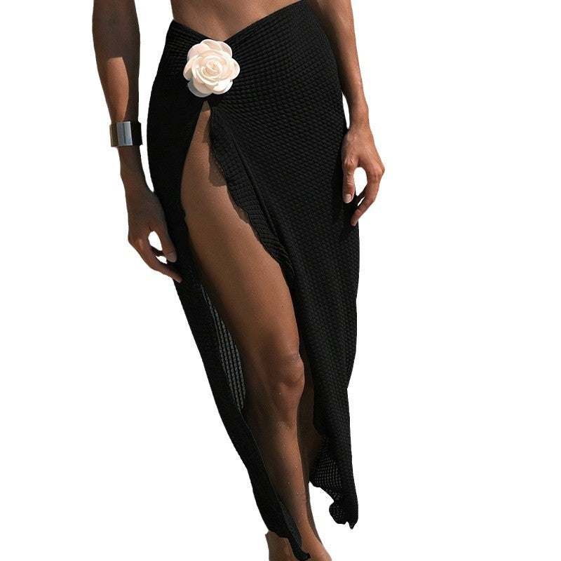 Solid Color Floral Wrap Bikini Swimwear Mesh Sexy Swimsuit Women's Split Beach Dress