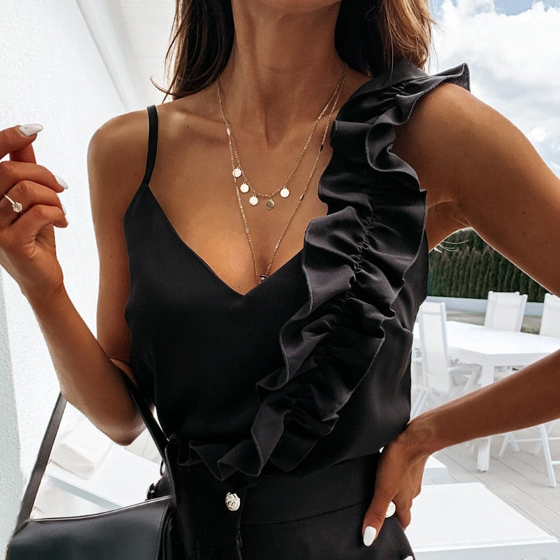 Women’s Sleeveless V-Neck Ruffle Blouse – Backless Spaghetti Strap Polyester Top