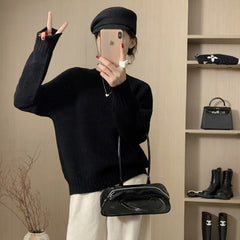 Seamless Crew Neck Sweater Women Loose Lazy Style Drop Shoulder Knitted Sweater  Thickened Woolen Sweater