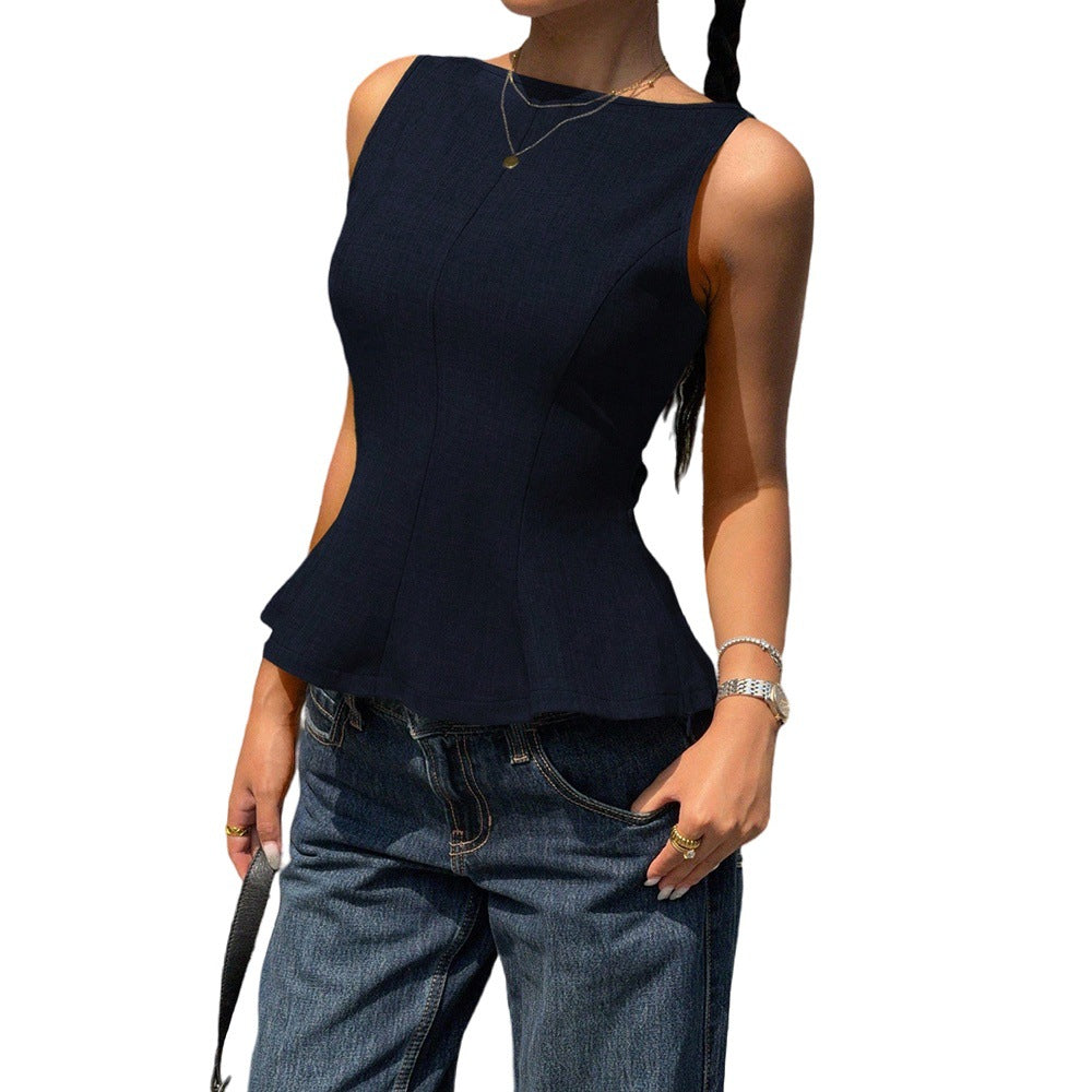Women’s Sleeveless Polyester Top with Ruffle Hem & Open Back