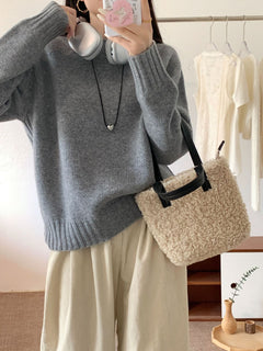 Seamless Crew Neck Sweater Women Loose Lazy Style Drop Shoulder Knitted Sweater  Thickened Woolen Sweater