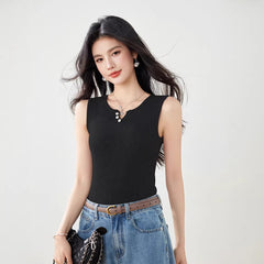 V-neck Knit Cami Top for Women Summer Inner Wear Casual Sleeveless Low Neck Basic Upper Clothing