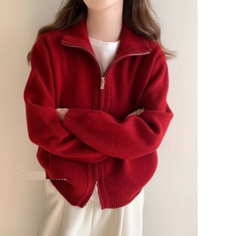High Neck Zip-Up Knit Cardigan