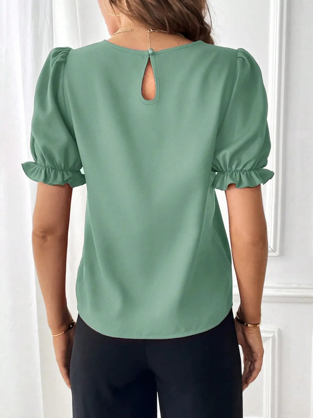 Round Neck Flounce Sleeve Crop Blouse