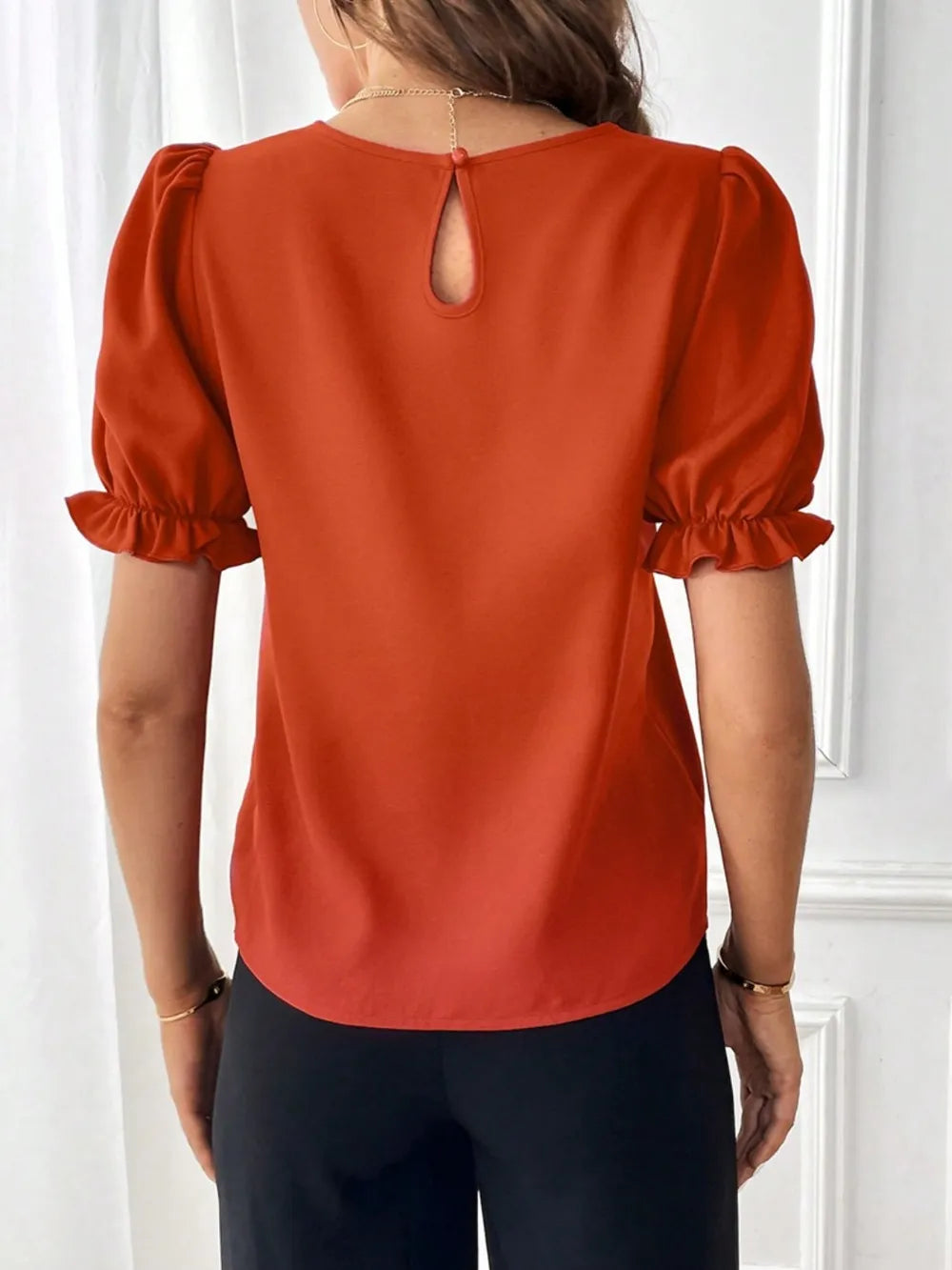 Round Neck Flounce Sleeve Crop Blouse