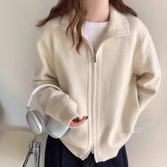 Lazy Style White High Neck Knit Cardigan for Women, Zip-Up Sweater Top, Spring and Autumn Fashion Outfit, Elegant Look