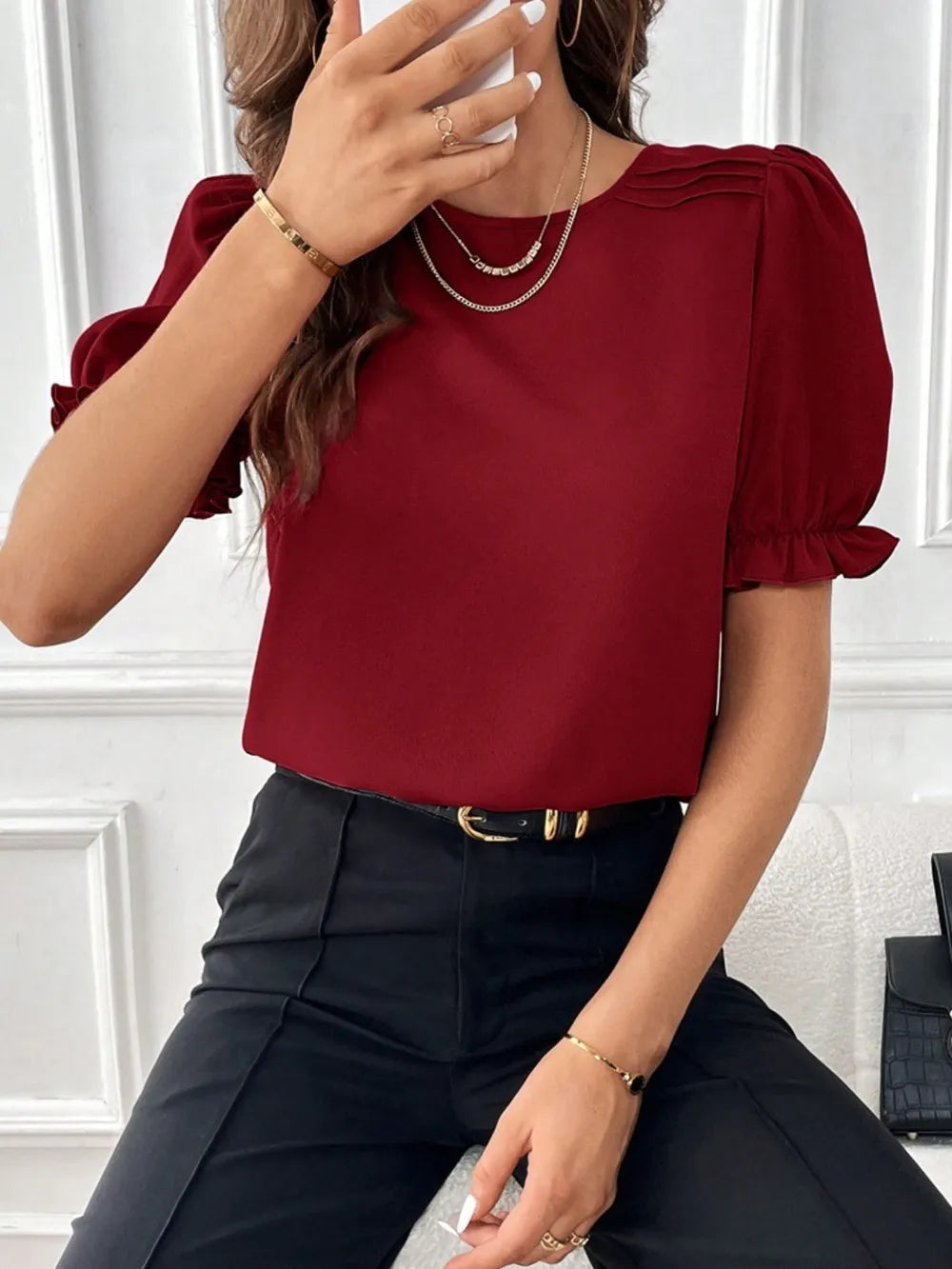 Round Neck Flounce Sleeve Crop Blouse
