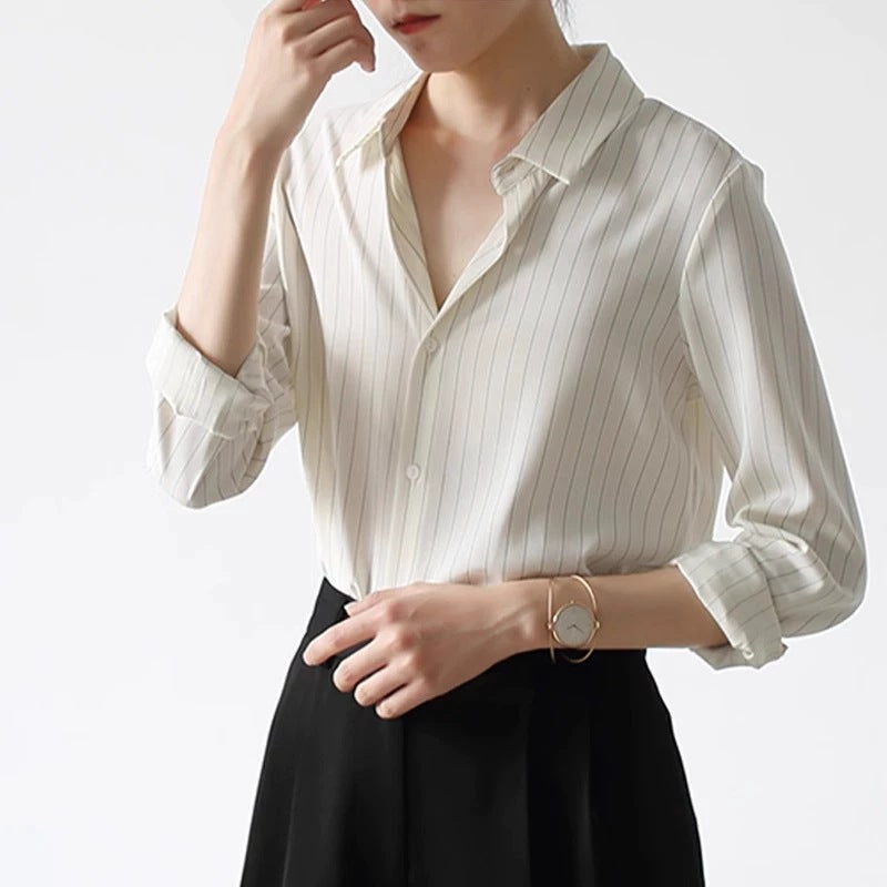 Women’s Striped Cotton Long Sleeve Blouse, Black or White