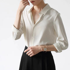 Pattern Arrival Black and White Stripe Shirt for Women, Office Lady Commuter Straight Shoulder Interview Long Sleeve Blouse