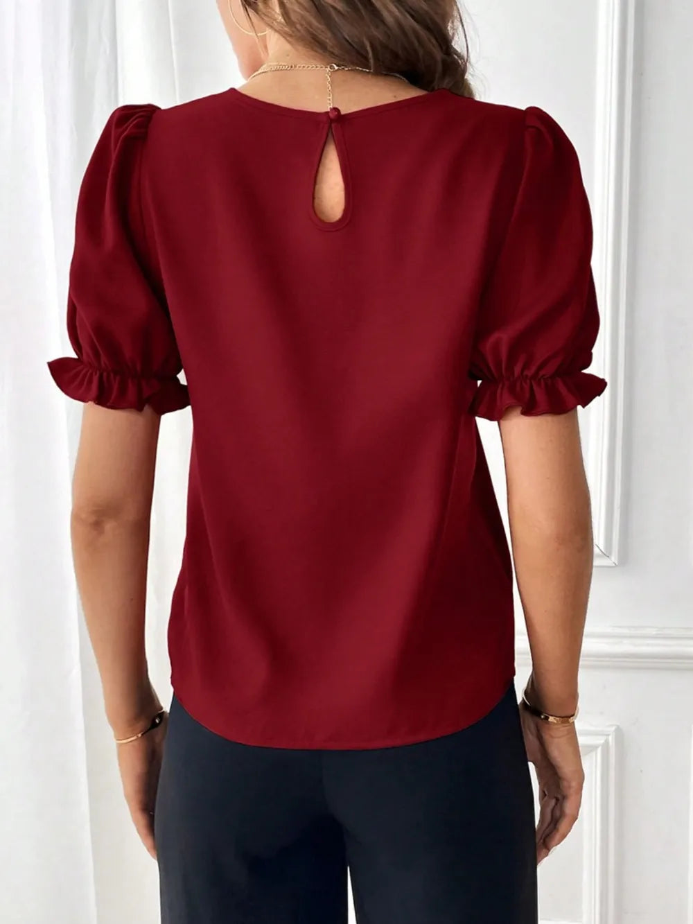 Round Neck Flounce Sleeve Crop Blouse