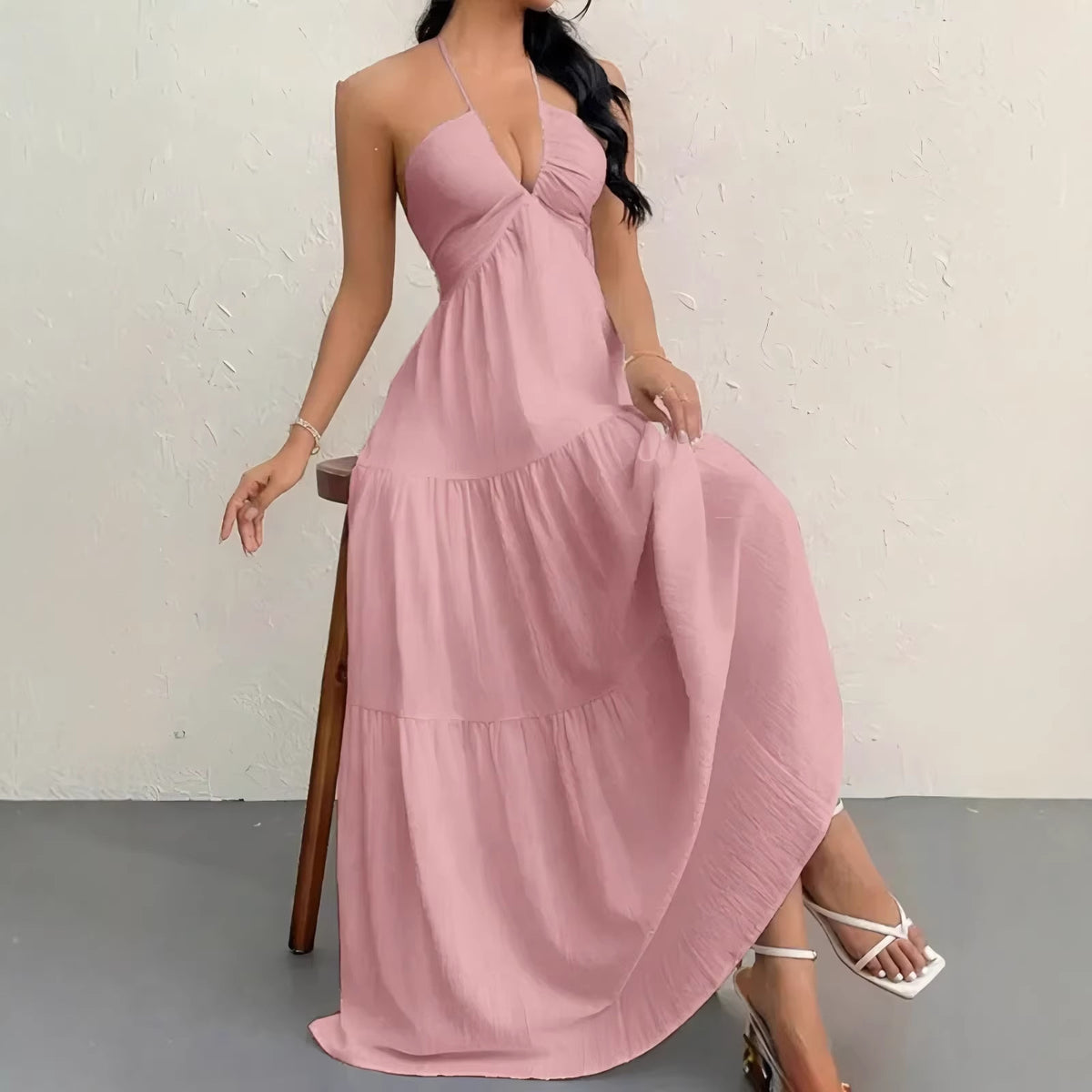 European and American Style Summer New Solid Color Strapless Sexy Backless Tie-Up Beach Vacation Casual Halter Neck Dress