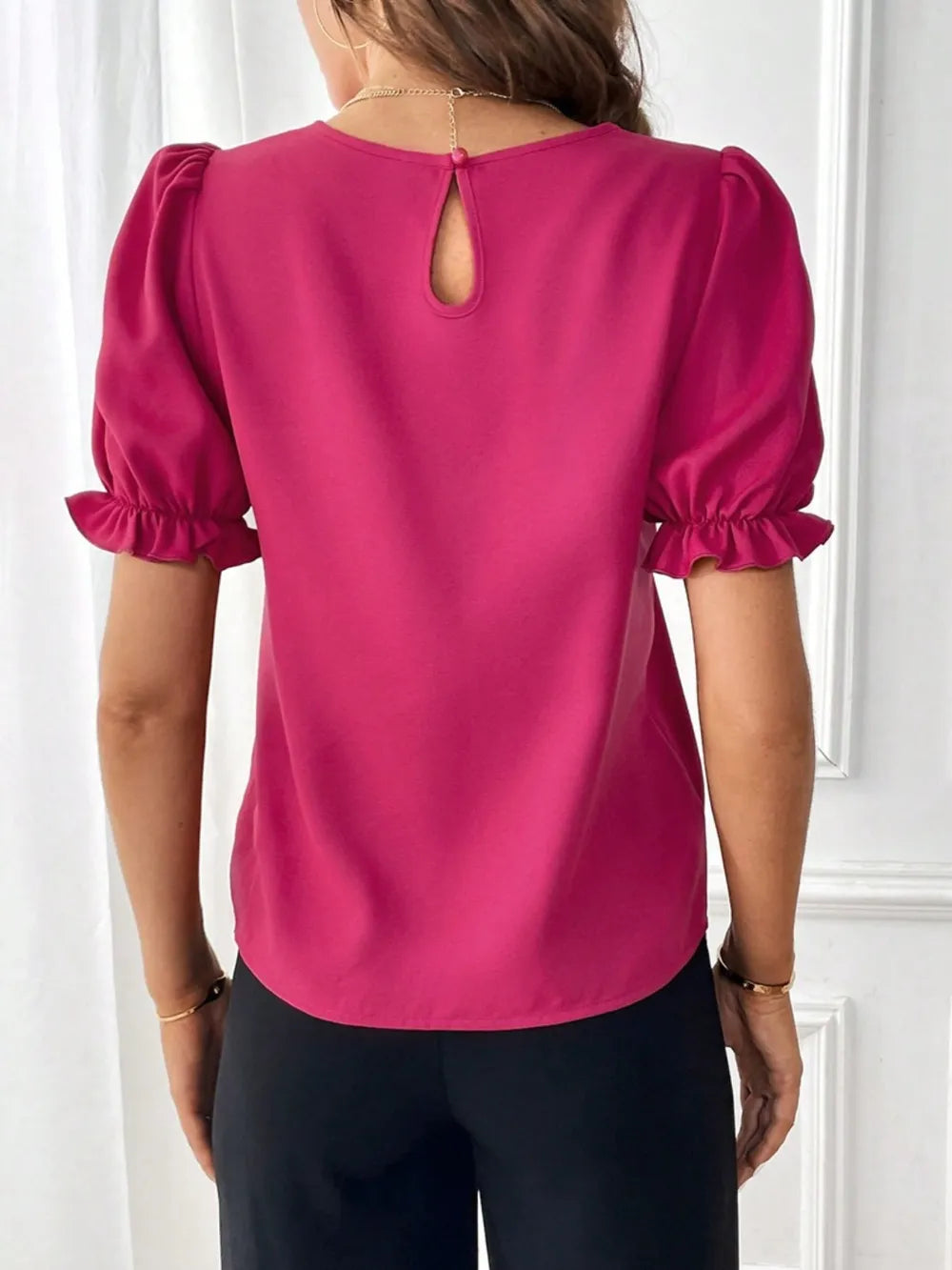 Round Neck Flounce Sleeve Crop Blouse