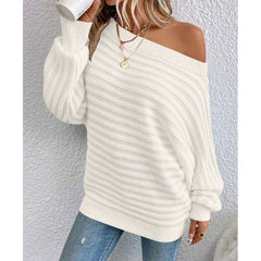 Solid color one neck bat sleeve pullover sweater for women