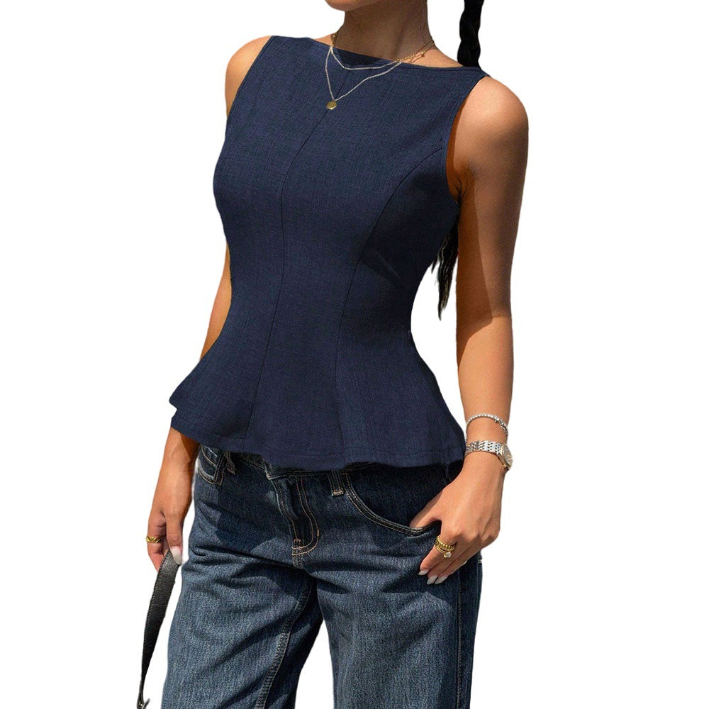 Women’s Sleeveless Polyester Top with Ruffle Hem & Open Back
