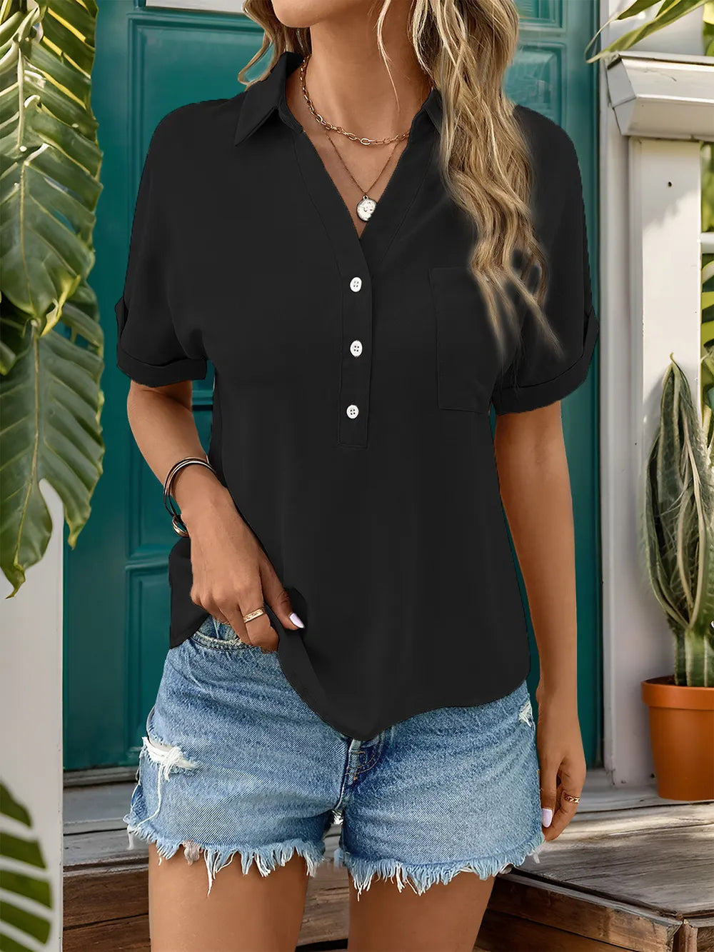 Johnny Collar Half Sleeve V-Neck Blouse
