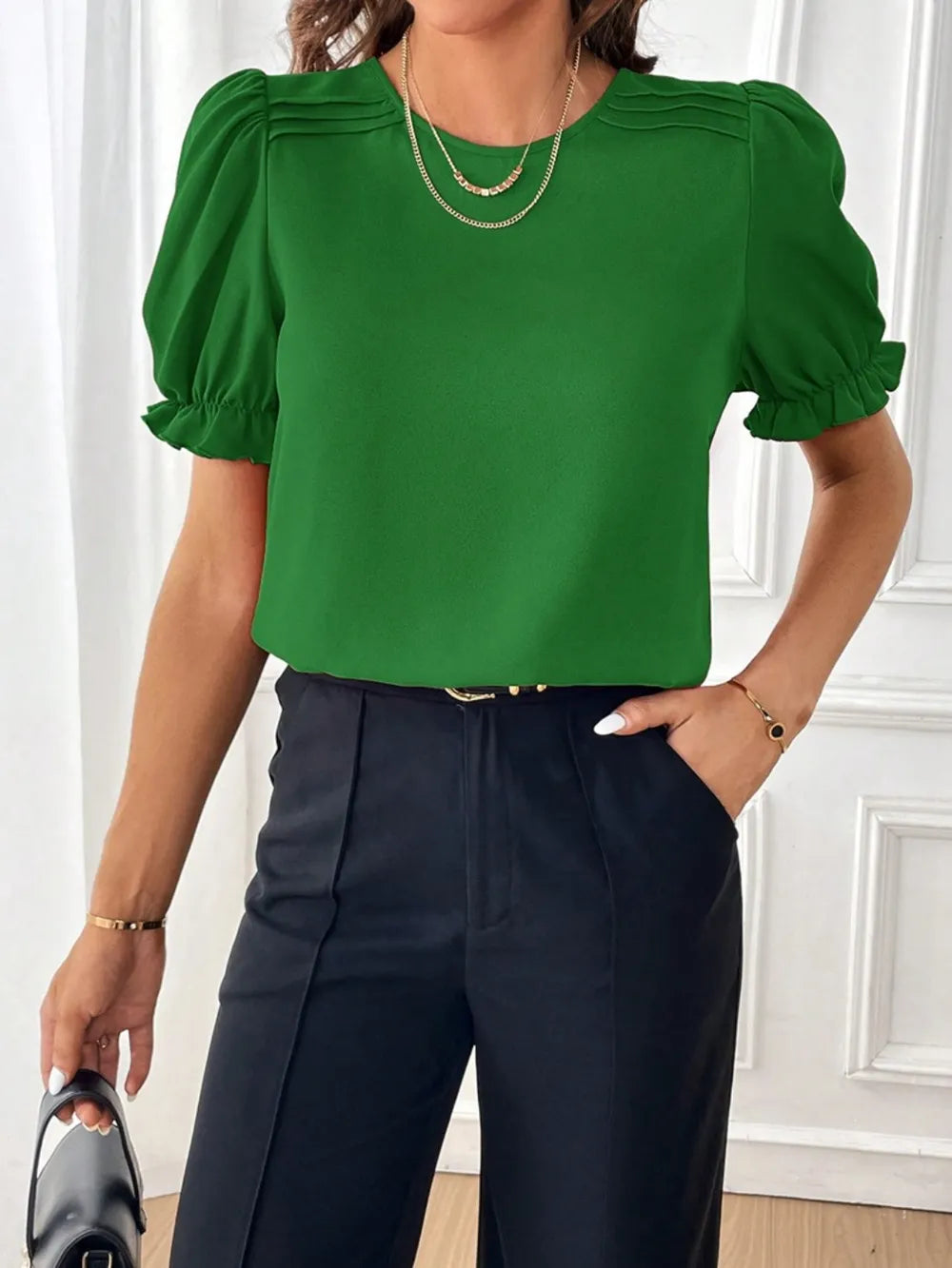 Round Neck Flounce Sleeve Crop Blouse