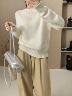 Seamless Crew Neck Sweater Women Loose Lazy Style Drop Shoulder Knitted Sweater  Thickened Woolen Sweater