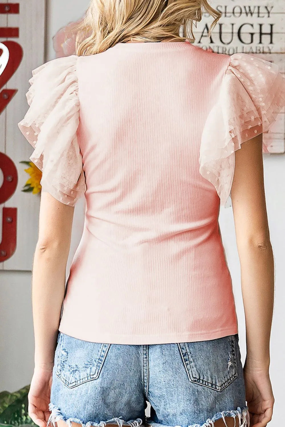 Ruffled Round Neck Cap Sleeve Polyester Blouse