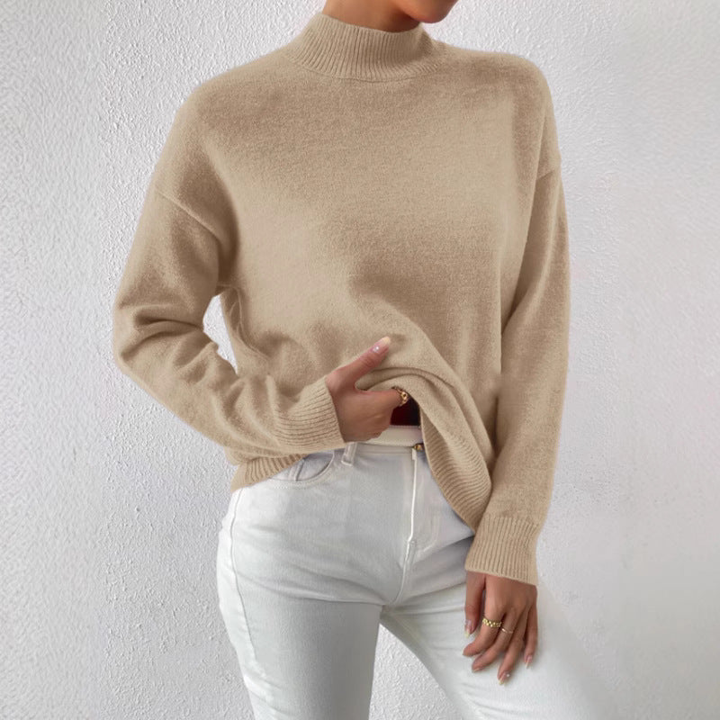 Solid color loose knit half high neck pullover sweater