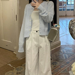 Light Blue Lazy Style Knit Cardigan Coat for Women Autumn New Soft Short Sleeve Top