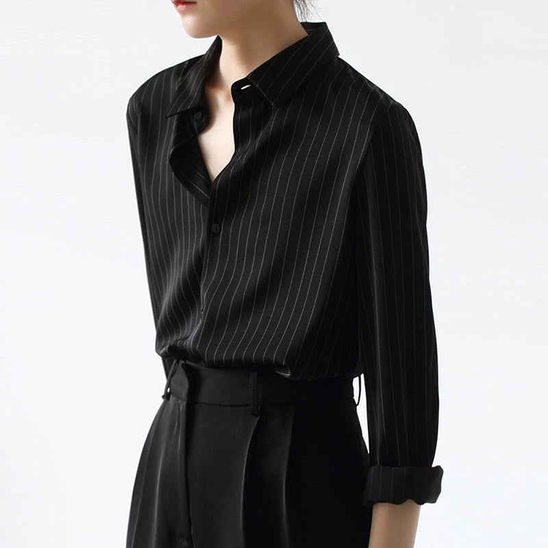 Women’s Striped Cotton Long Sleeve Blouse, Black or White