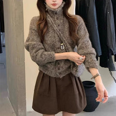High Neck Knit Cardigan Soft Loose Lazy Sweater Coat Top with Bag