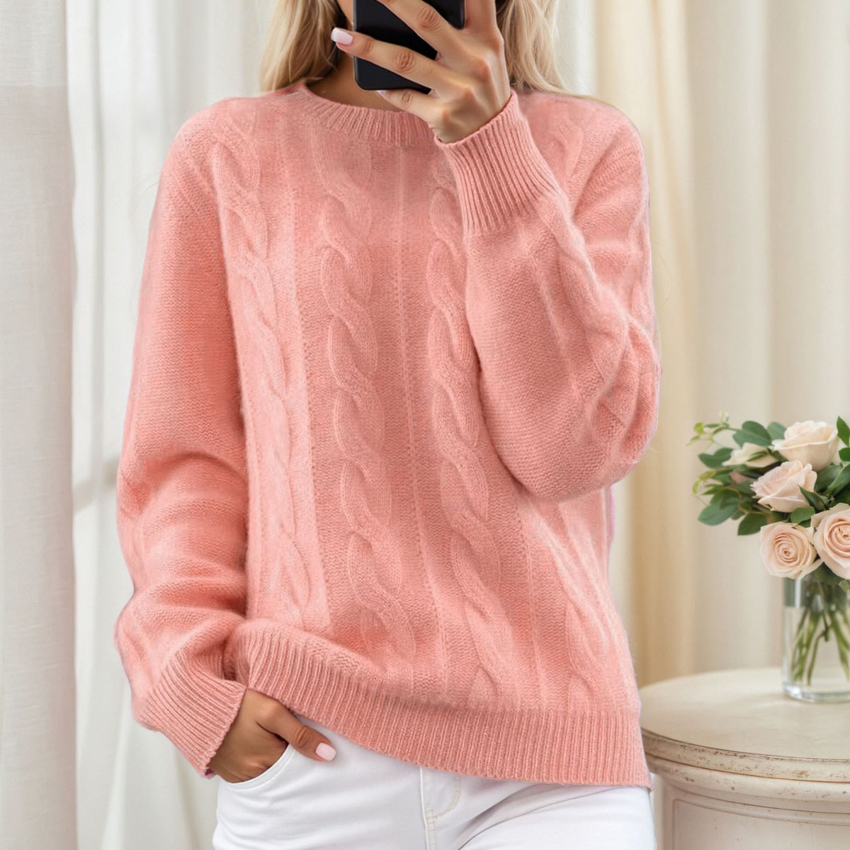Round neck solid color pullover sweater for women