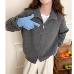 Lazy Style White High Neck Knit Cardigan for Women, Zip-Up Sweater Top, Spring and Autumn Fashion Outfit, Elegant Look