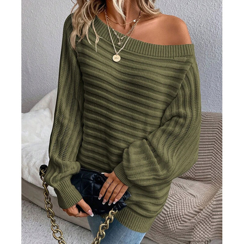 Solid color one neck bat sleeve pullover sweater for women