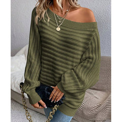 Solid color one neck bat sleeve pullover sweater for women
