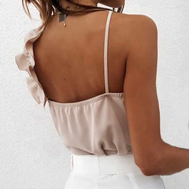 Women’s Sleeveless V-Neck Ruffle Blouse – Backless Spaghetti Strap Polyester Top